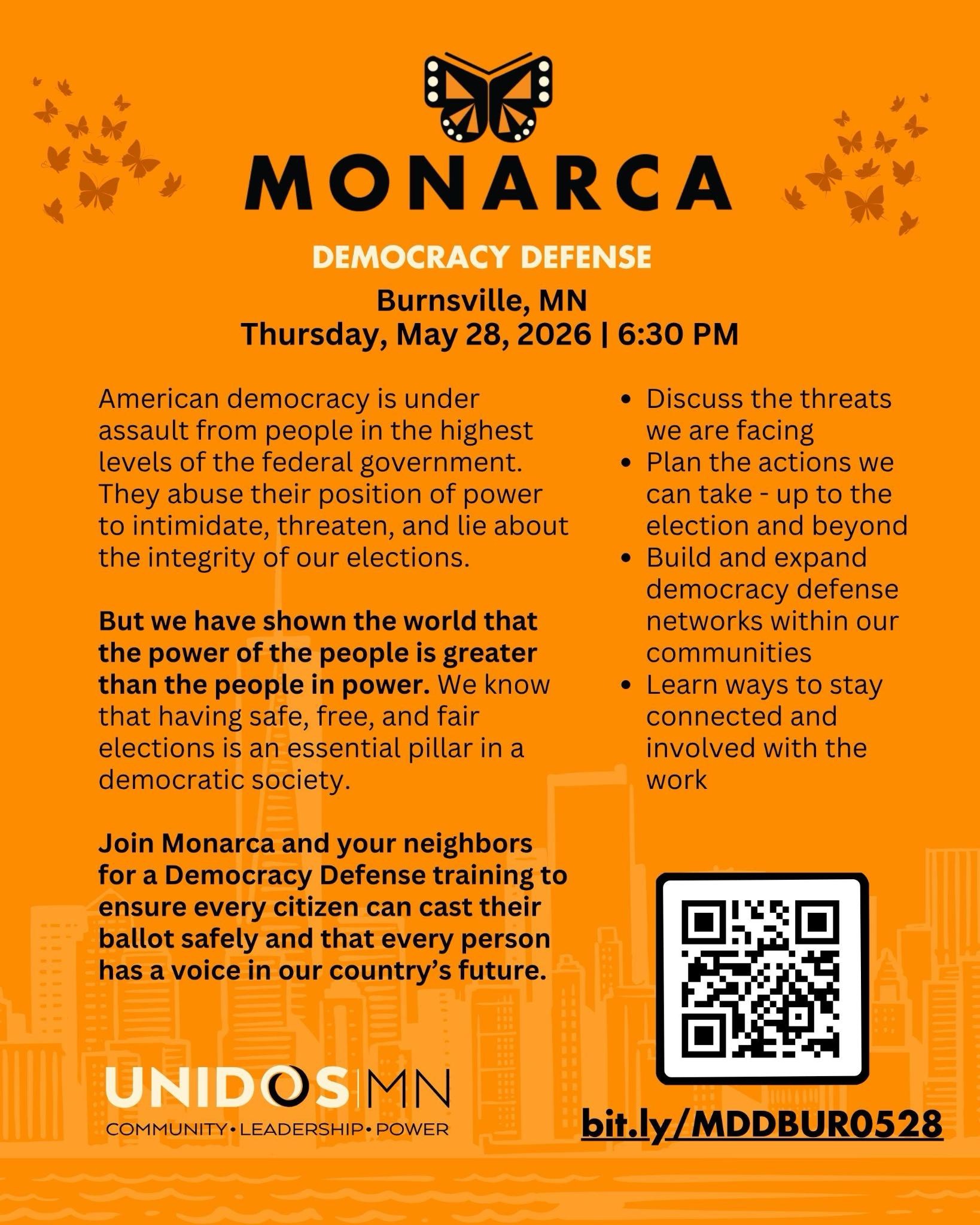 Monarca Training - Democracy Defense. Thursday, May 28th, 2026 at 6:30 p.m.